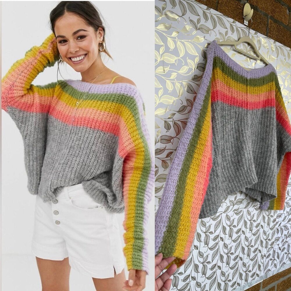 Free People Alpaca Blend Rainbow Stripe Oversized Sweater L  Soft Girl Aesthetic
